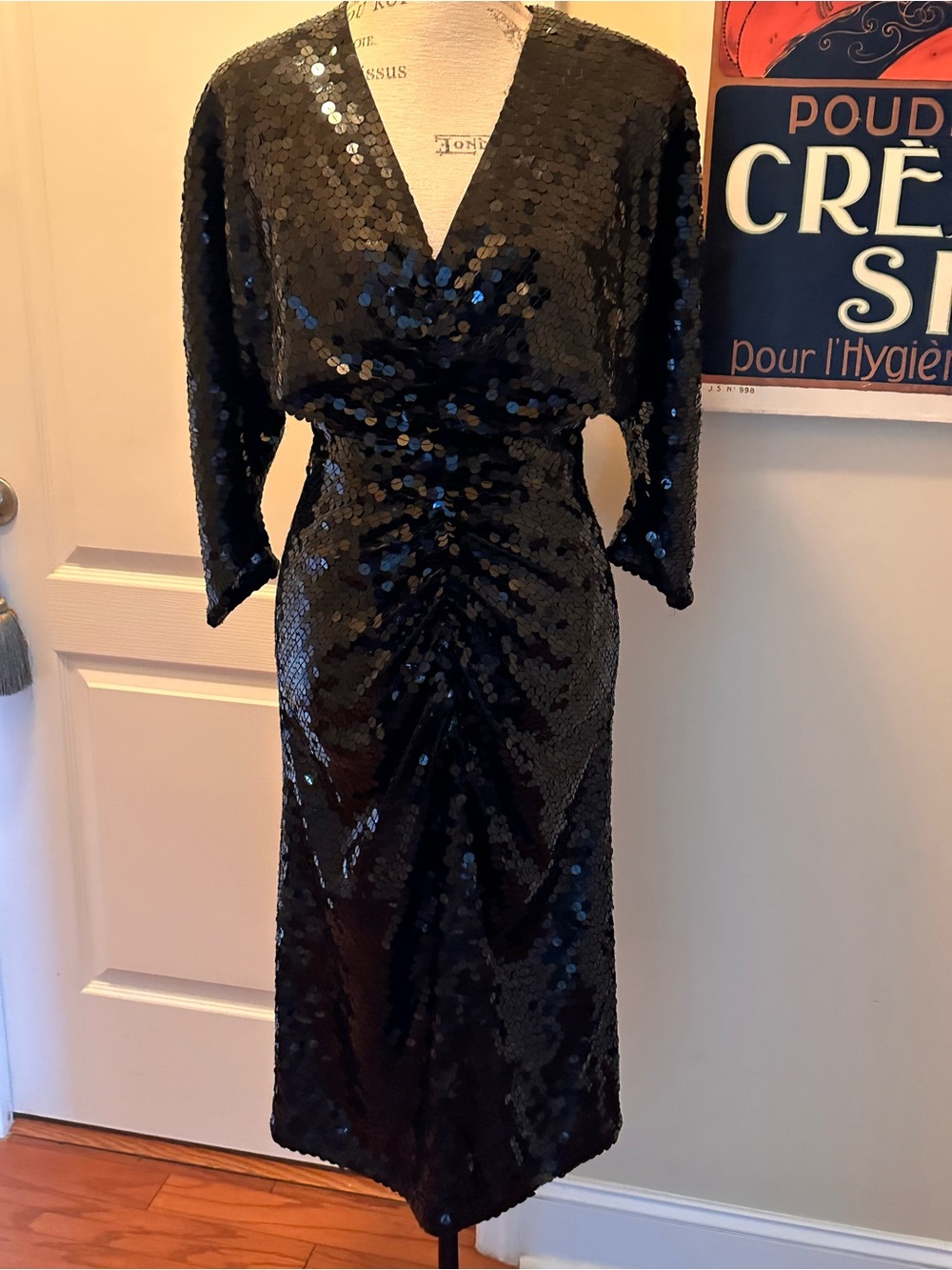 Oleg Cassini Black Sequin Faux-Wrap Midi Dress